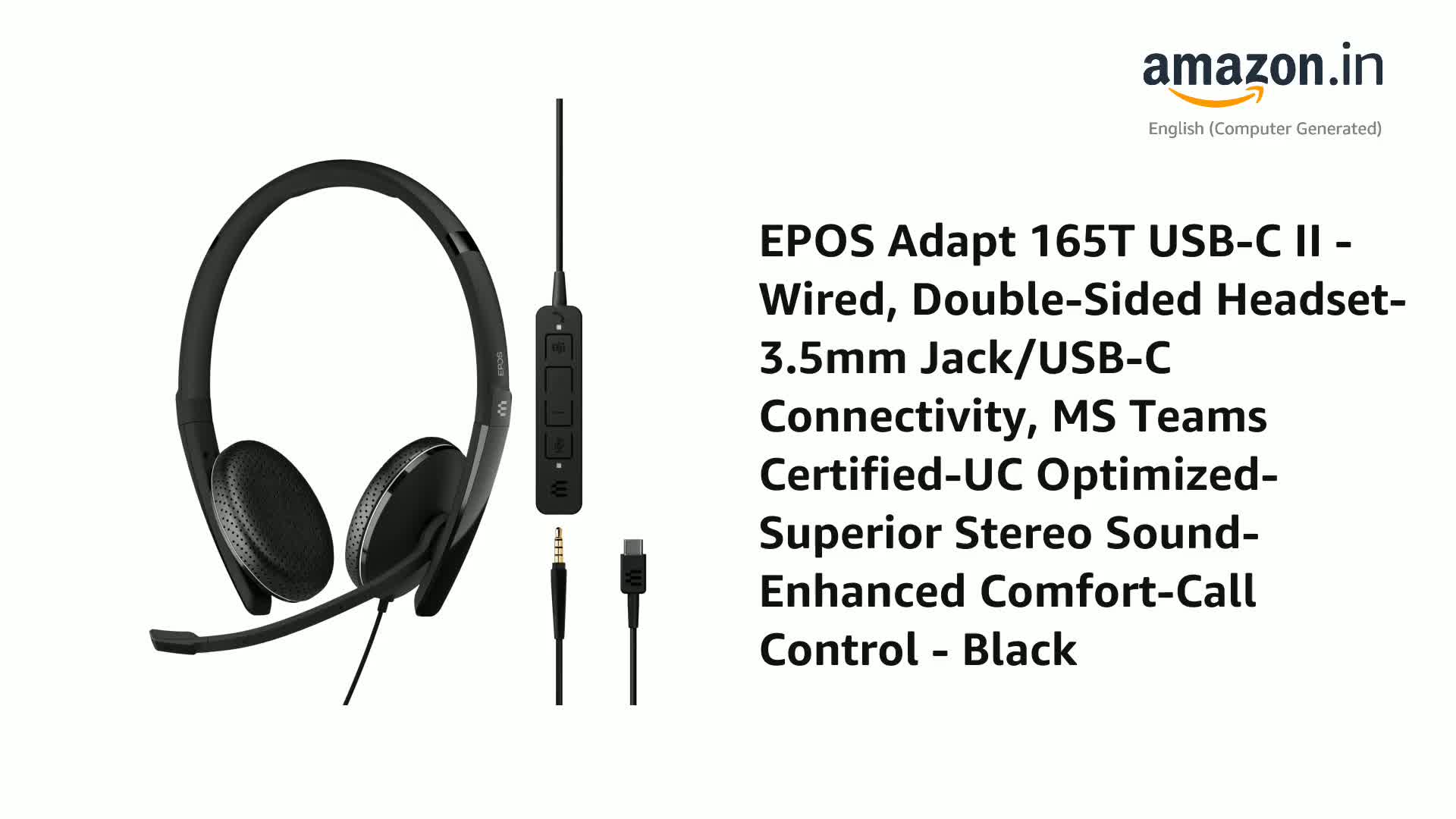 EPOS Adapt 165T USB-C II - Wired Headphones, Double-Sided On Ear